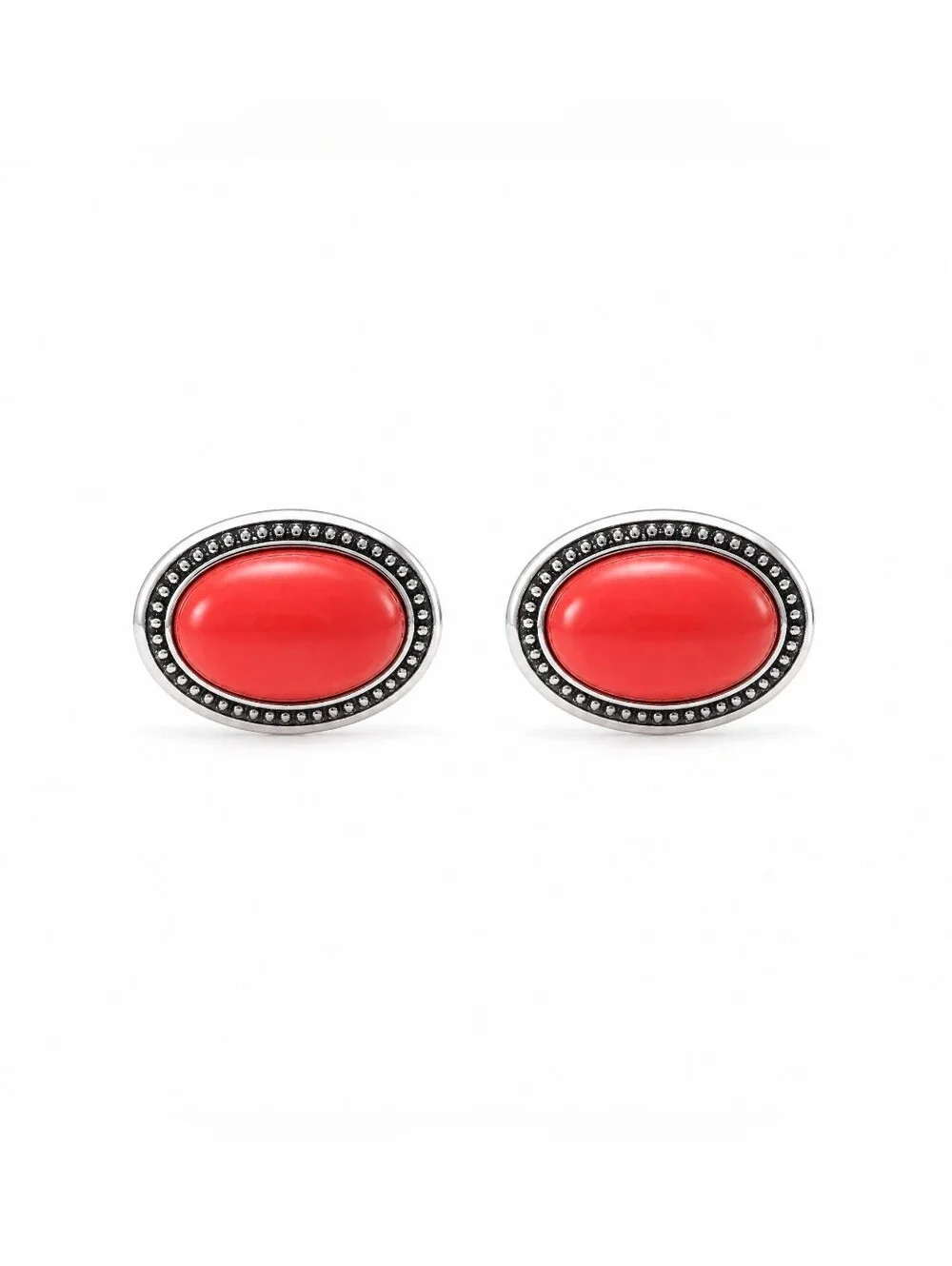 Linea Uomo Silver Tone Red Oval Cabochon Cufflinks